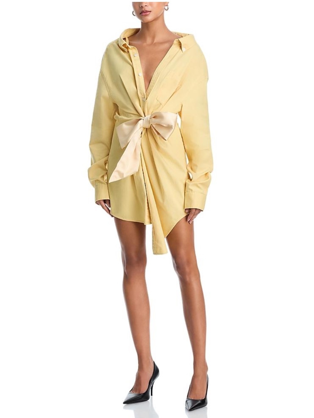 AREA Satin Bow Shirt Mini Dress in Pale Yellow